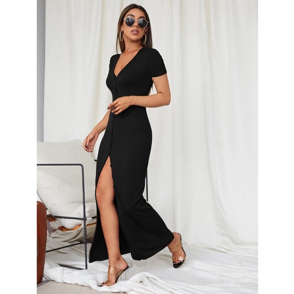 Black Rib Knit Button Down Short Sleeve Long Dress - Picture 6 of 7